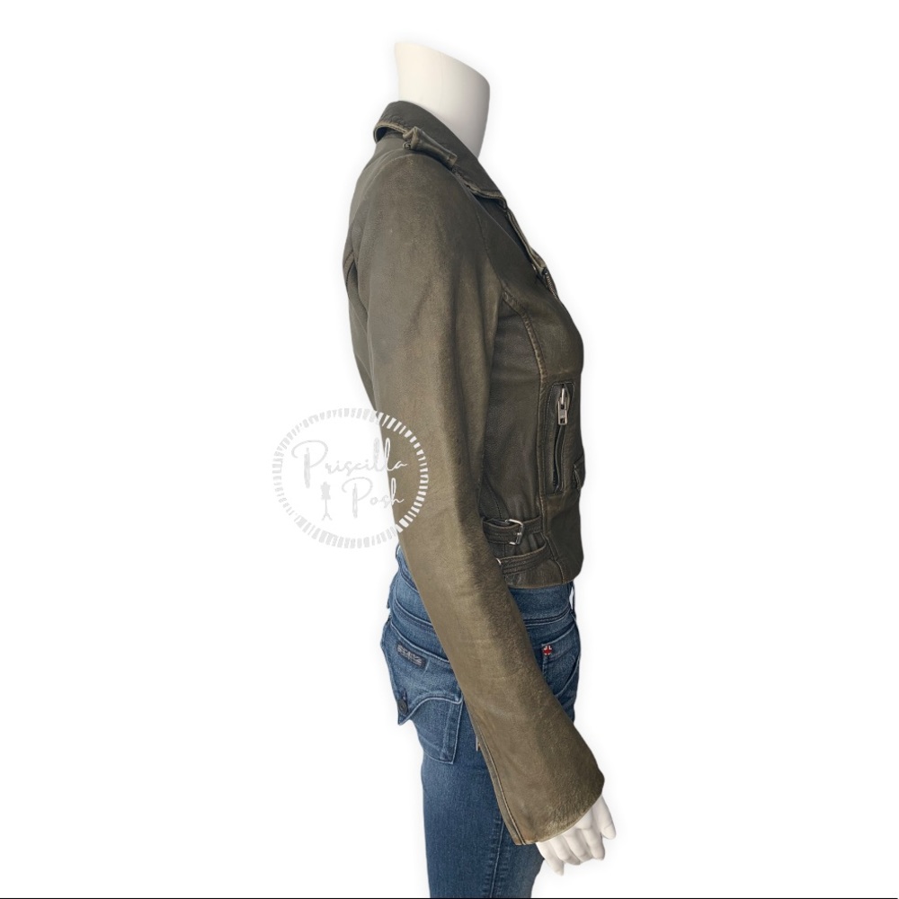 IRO Olive Green Ashville Leather Cropped Distressed Moto Jacket - Picture 7 of 16